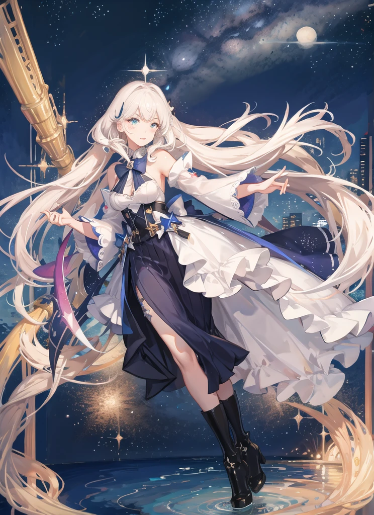 ((magical girl)), ((gorgeous starry sky background)), ((ultra-detailed)), ((best illustration)), ((cinematic lighting)), dynamic angle, floating, finely detailed, (glitter:1.2), (sparkle:1.2), (shine:1.2), classic, (painting:1.1), (sketch:1.1), (best quality), (masterpiece:1.2), (anime style), (solo), beautiful detailed face, (cute face:1.3), (big eyes:1.3), colorful hair, (long hair:1.2), (floating hair:1.2), (magical girl outfit), detailed outfit, (sparkling wand:1.3), (magical effects:1.3), (flowing skirt:1.2), (cute boots:1.1), (transparent fabric:1.1), (twinkle:1.2), (glow:1.2), (radiance:1.2), (flicker:1.2), (dazzle:1.2)