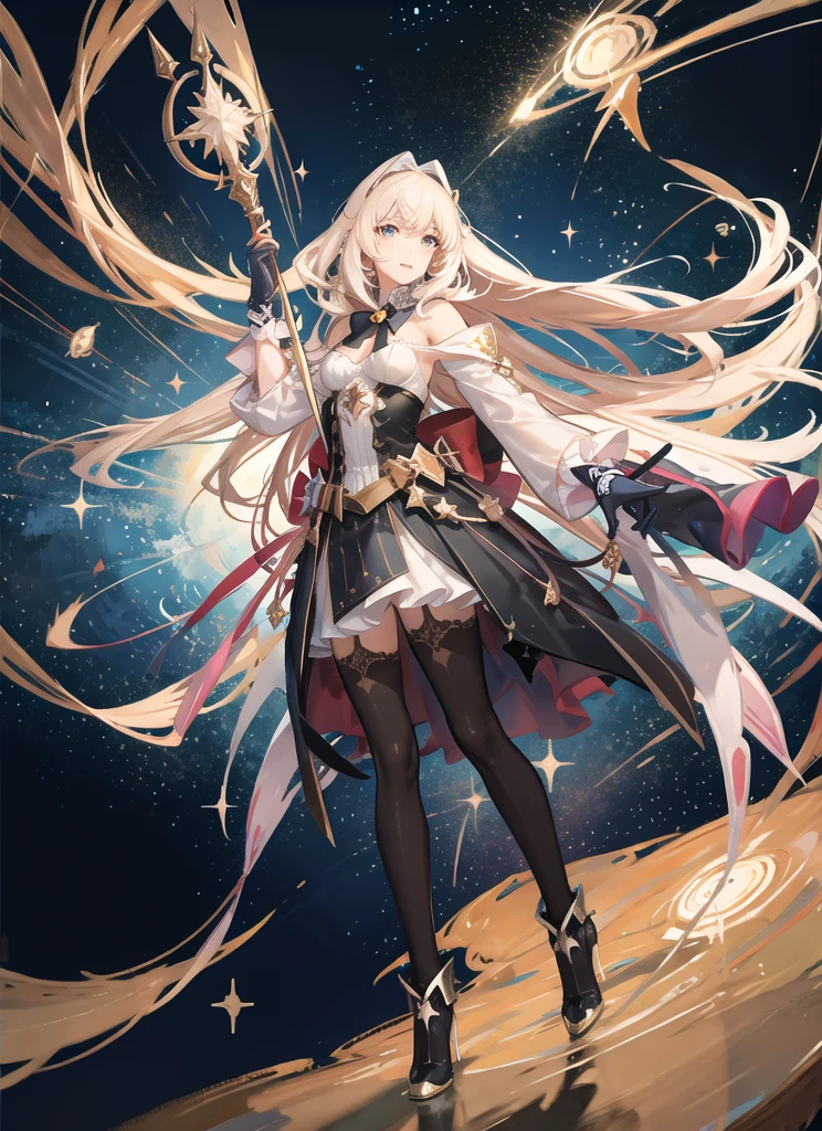 ((magical girl)), ((gorgeous starry sky background)), ((ultra-detailed)), ((best illustration)), ((cinematic lighting)), dynamic angle, floating, finely detailed, (glitter:1.2), (sparkle:1.2), (shine:1.2), classic, (painting:1.1), (sketch:1.1), (best quality), (masterpiece:1.2), (anime style), (solo), beautiful detailed face, (cute face:1.3), (big eyes:1.3), colorful hair, (long hair:1.2), (floating hair:1.2), (magical girl outfit), detailed outfit, (sparkling wand:1.3), (magical effects:1.3), (flowing skirt:1.2), (cute boots:1.1), (transparent fabric:1.1), (twinkle:1.2), (glow:1.2), (radiance:1.2), (flicker:1.2), (dazzle:1.2)
