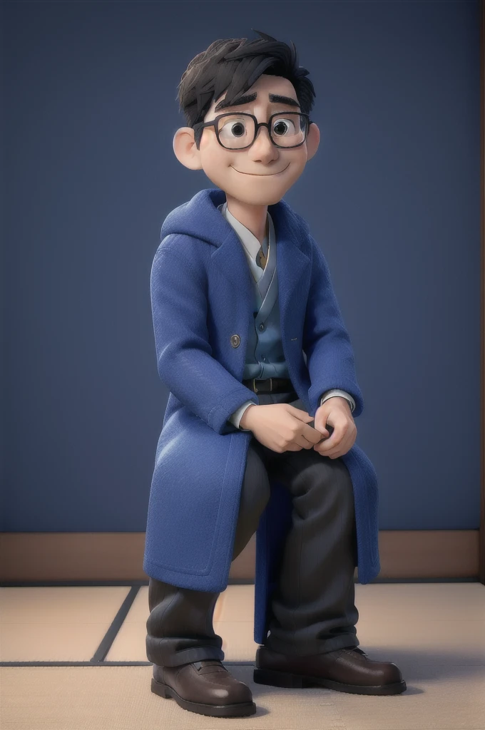 Japanese man sitting in blue coat without glasses