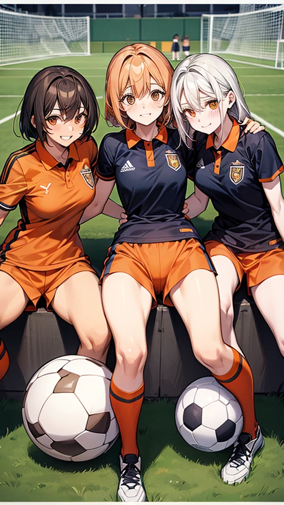 three woman,group shot,squat,open legs,torn uniform,background soccer field,orange color