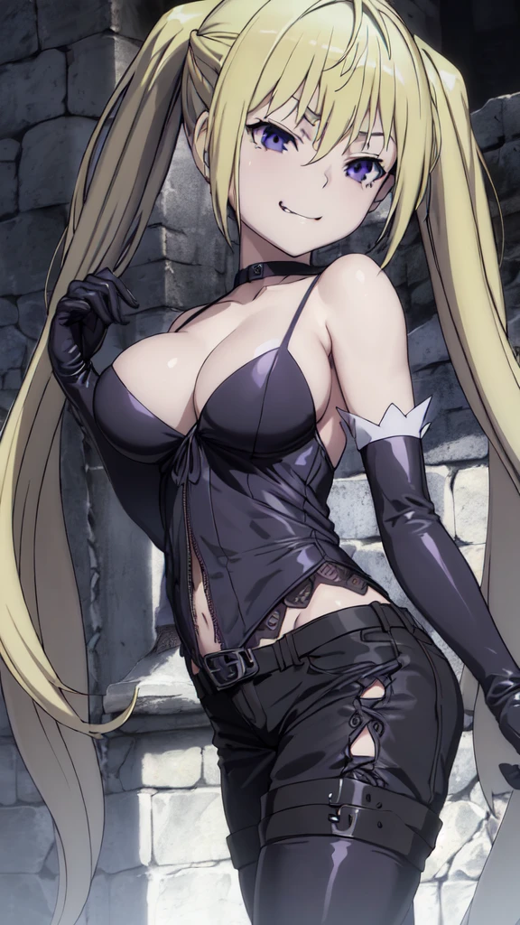 (masterpiece, best quality), 1girl, lieselotte sherlock,high quality, extremely detailed, ,(dark and stormy skies, lightning)(masterpiece:1.0),(Highest_quality:1.0), 超High resolution,4k,Super detailed, 8K, HDR, High resolution, disorganized:1.2, twintail,,looking at viewer,latex,elbow gloves,,, ,official art,short pants,(beautiful_face:1.5),(narrow_waist),,Highly detailed CG Unity 8K wallpaper, perfect lighting,laugh at,too evil smile,too evil smirk,looking down at viewer,upper body,smile bad,deep shaded face,too evil fall,darkness background,