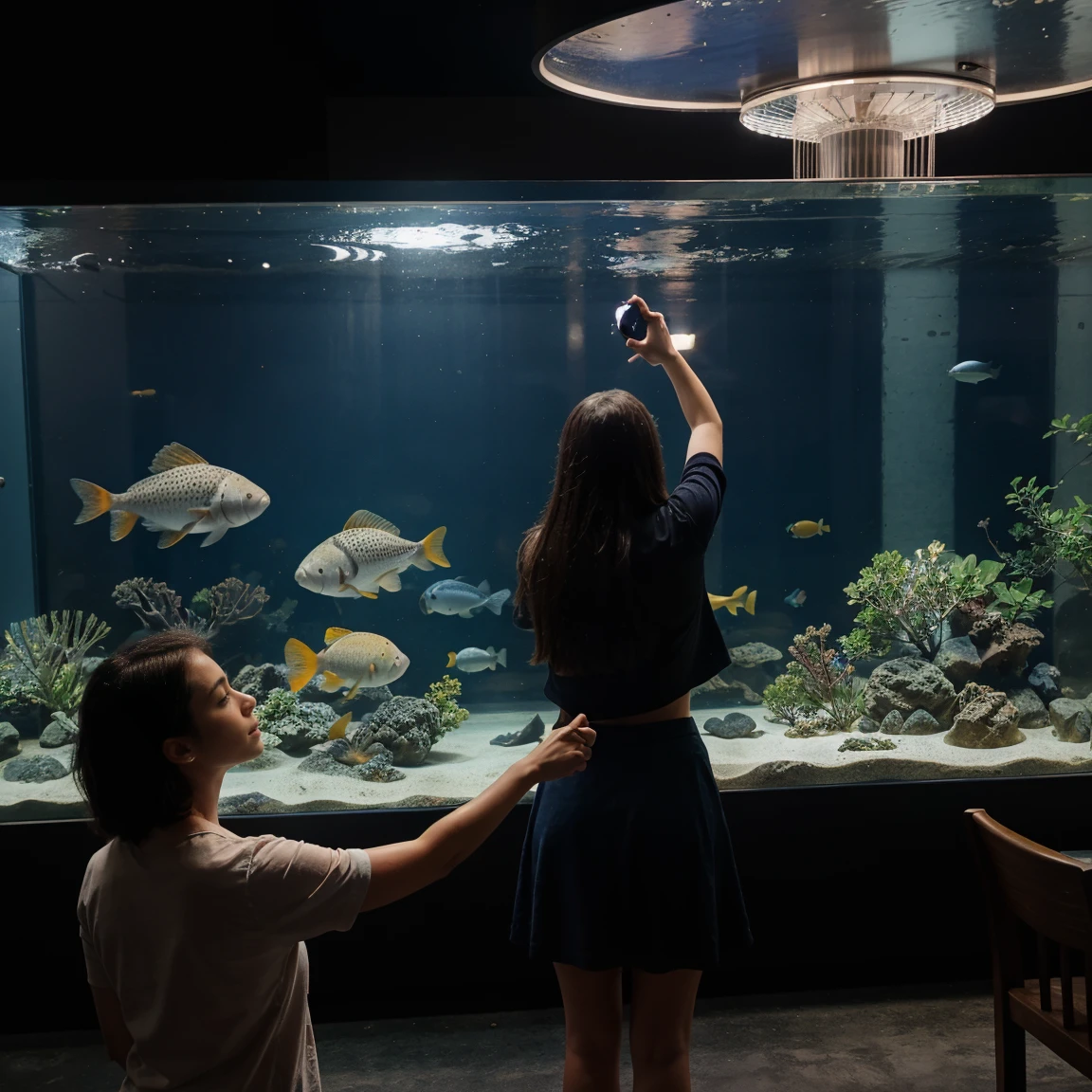 Lucy visiting an aquarium happy and pointing at something