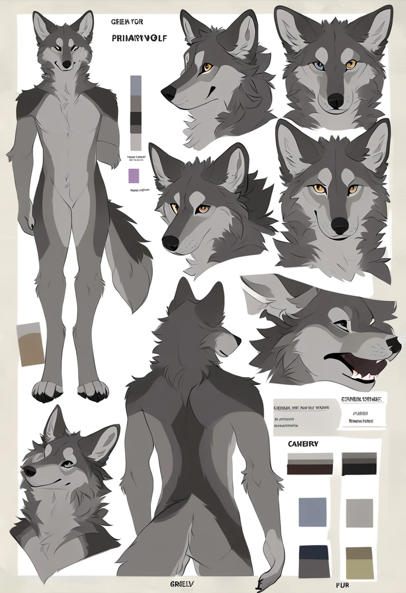 Solo, male, furry art, grey wolf, fursona, (((grey primary fur))), white secondary, (perky ears), reference sheet, amazing art, masterfully executed, beautiful background, normal body, paws hands.