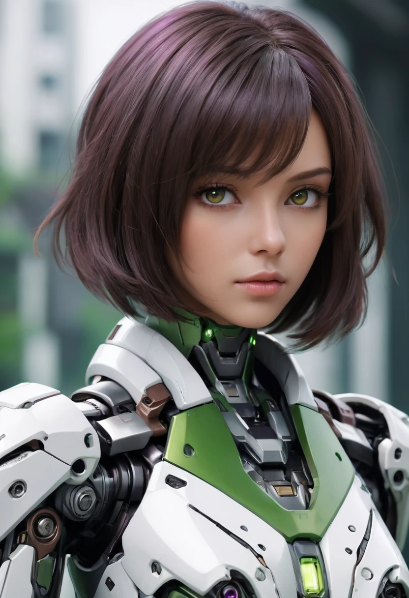A woman, beautiful face, brown eyes, dark brown bob hair, mecha body, (white, green, purple). best quality, masterpiece, Ultra high detail, 8k