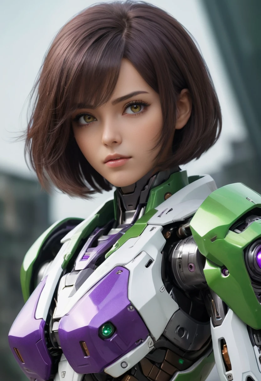 A woman, beautiful face, brown eyes, dark brown bob hair, mecha body, (white, green, purple). best quality, masterpiece, Ultra high detail, 8k