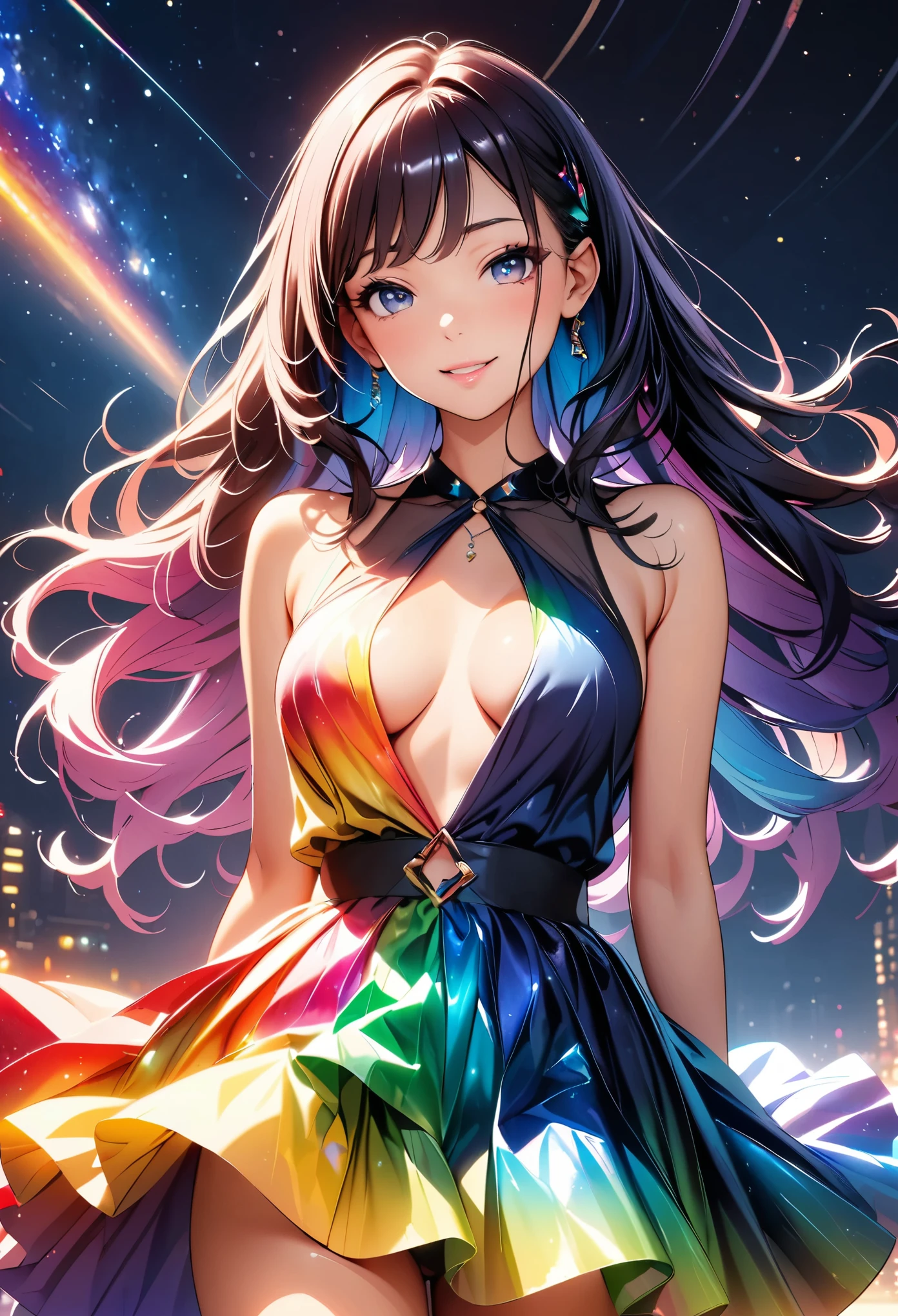 A woman wearing a shooting star dress, (((1 Girl))), JK, thin film interference, Rainbow Dress, Sheer dress, Shine bright, Sexy curves, Colorful hair colors, Glossy, Lips slightly open, Sigh, Mischievous Smile, Shiny Hair, Beautiful Skin, Detailed face and eyes, Glossy Lips, Cinematic, Bright colors, Intricate details, Chiaroscuro lighting, milky way, Starry sky background, Light and shadow with attention to detail, Background Blur, (Highest quality:1.24, Very detailed, Delicate and beautiful CG art, Detailed illustration, High detail, masterpiece:1.2, Highest quality, Best aesthetics).