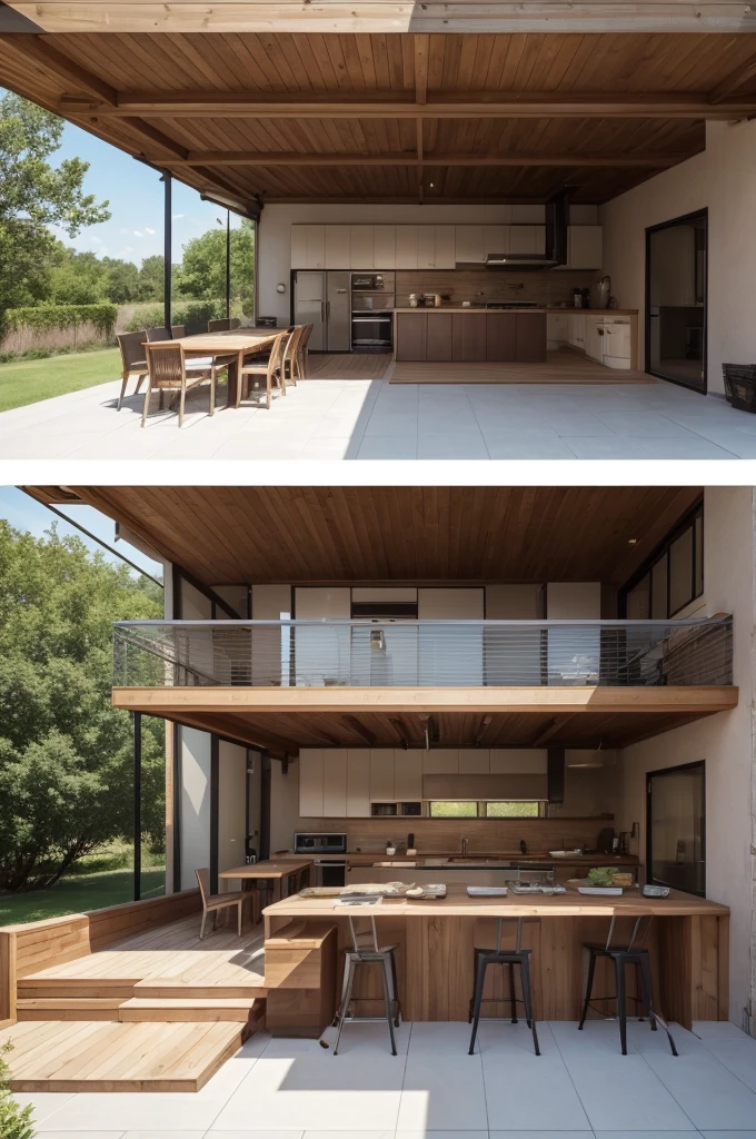 Create a barbecue area with kitchen and living room, in a 6x6 m² space with stairs to access the upper floor
