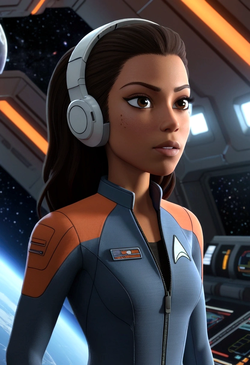 A female astronaut, extremely detailed and realistic, surrounded by gigantic starships engaged in an epic space battle, with detailed galactic conflict and photorealistic planets in the background, (best quality,4k,8k,highres,masterpiece:1.2),ultra-detailed,(realistic,photorealistic,photo-realistic:1.37),cinematic lighting,dramatic atmosphere,intense action,vibrant colors,dramatic pose,muscular body,highly detailed facial features,hyperrealistic space environment,large ,scifi,science fiction