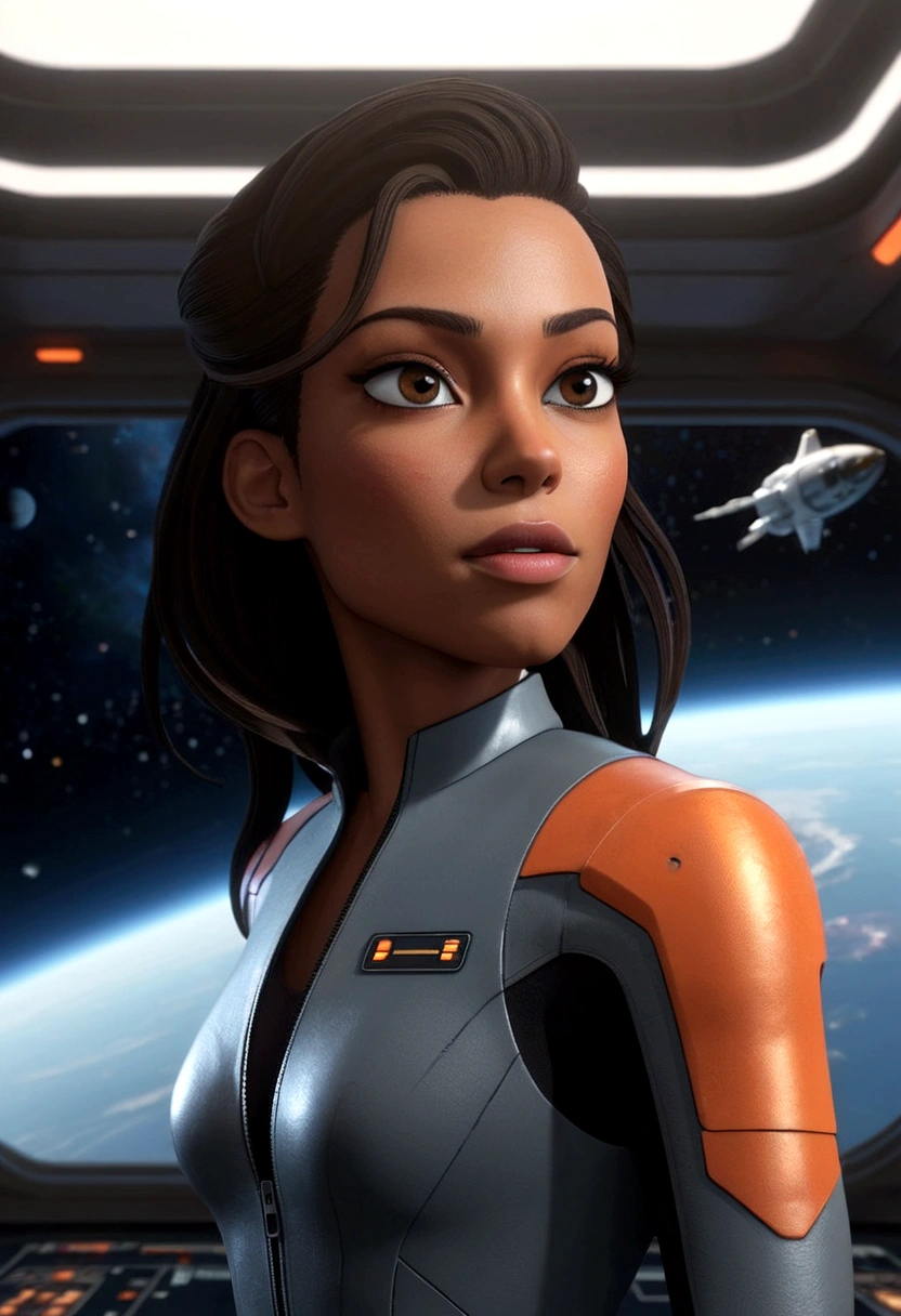 A female astronaut, extremely detailed and realistic, surrounded by gigantic starships engaged in an epic space battle, with detailed galactic conflict and photorealistic planets in the background, (best quality,4k,8k,highres,masterpiece:1.2),ultra-detailed,(realistic,photorealistic,photo-realistic:1.37),cinematic lighting,dramatic atmosphere,intense action,vibrant colors,dramatic pose,muscular body,highly detailed facial features,hyperrealistic space environment,large ,scifi,science fiction