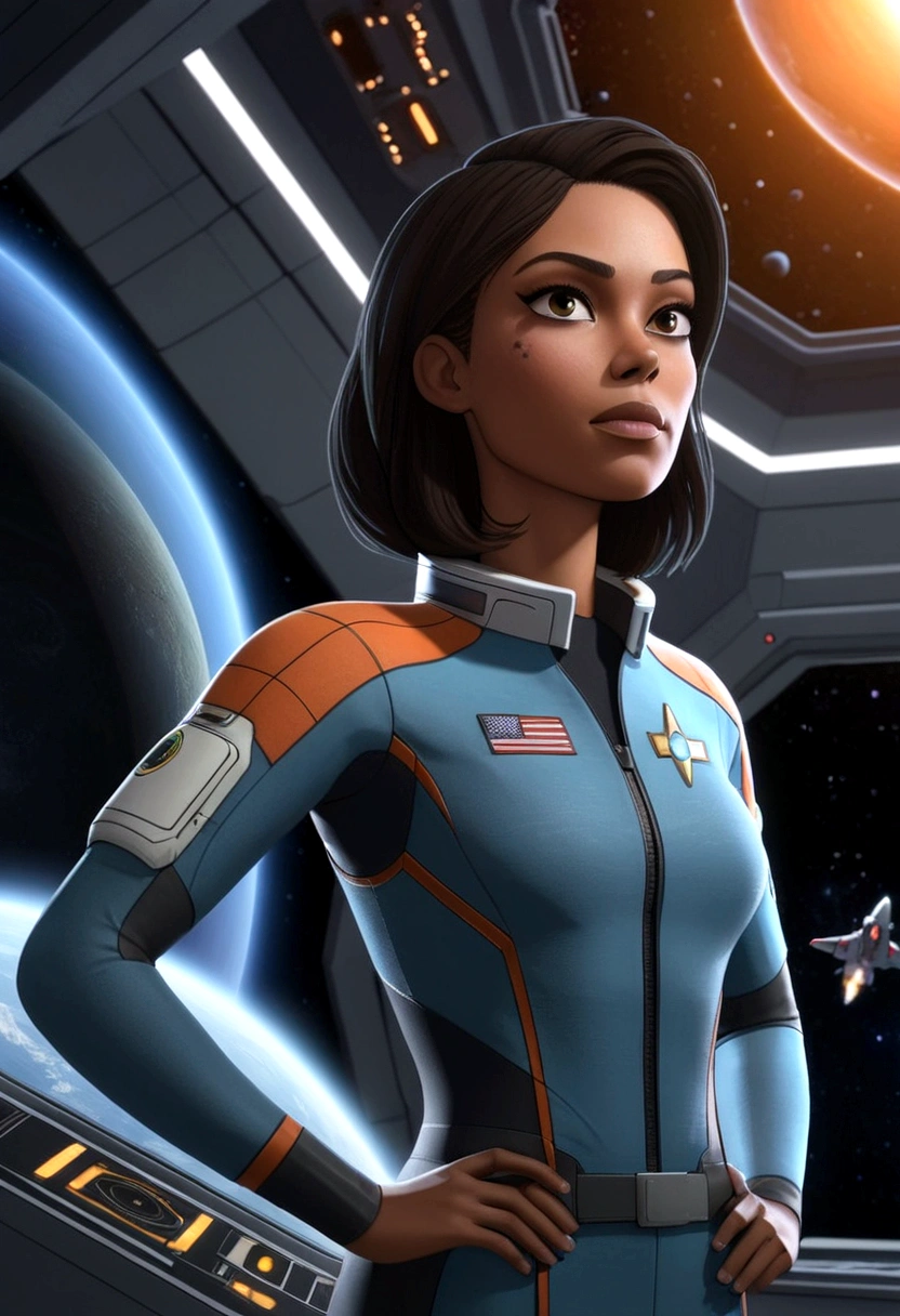 A female astronaut, extremely detailed and realistic, surrounded by gigantic starships engaged in an epic space battle, with detailed galactic conflict and photorealistic planets in the background, (best quality,4k,8k,highres,masterpiece:1.2),ultra-detailed,(realistic,photorealistic,photo-realistic:1.37),cinematic lighting,dramatic atmosphere,intense action,vibrant colors,dramatic pose,muscular body,highly detailed facial features,hyperrealistic space environment,large ,scifi,science fiction