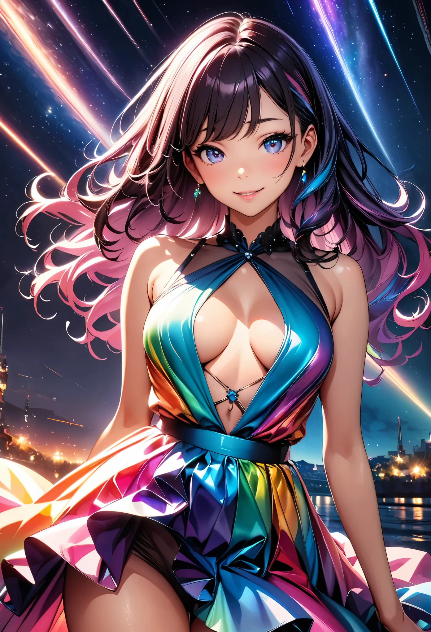 A woman wearing a shooting star dress, (((1 Girl))), JK, thin film interference, Rainbow Dress, Sheer dress, Shine bright, Sexy curves, Colorful hair colors, Glossy, Lips slightly open, Sigh, Mischievous Smile, Shiny Hair, Beautiful Skin, Detailed face and eyes, Glossy Lips, Cinematic, Bright colors, Intricate details, Chiaroscuro lighting, milky way, Starry sky background, Light and shadow with attention to detail, Background Blur, (Highest quality:1.24, Very detailed, Delicate and beautiful CG art, Detailed illustration, High detail, masterpiece:1.2, Highest quality, Best aesthetics).