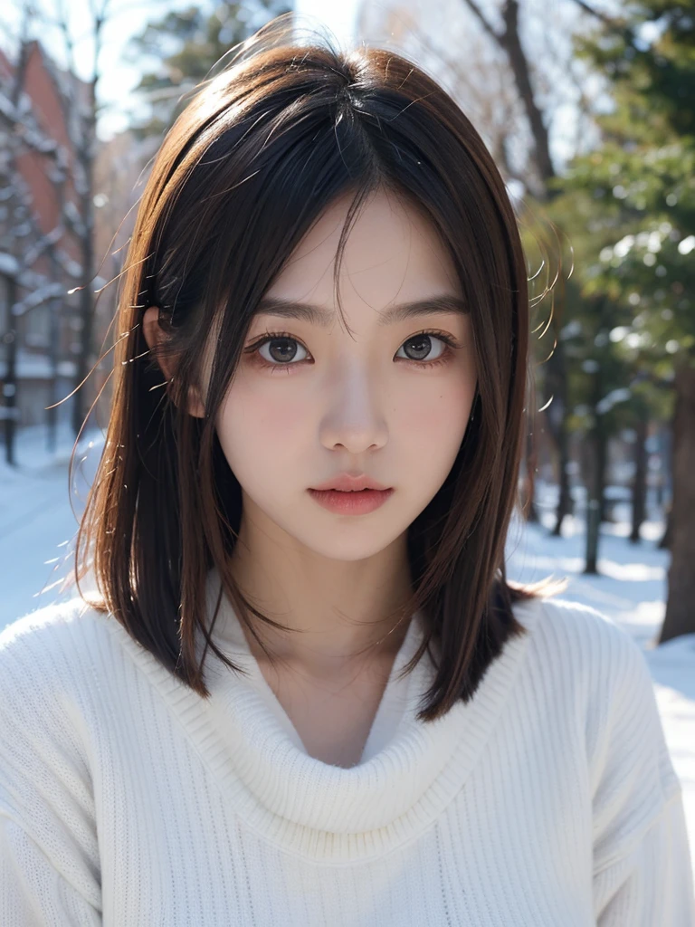 in the snowy forest, japanese girl, winter knit sweater, Yuki, pupils shine, brown short hair, big breasts, realistic portrait, depth of field, f/1.8, anatomically correct, rough skin, Super detailed, advanced details, high quality, Super detailed, advanced details, high quality, 最high quality, High resolution