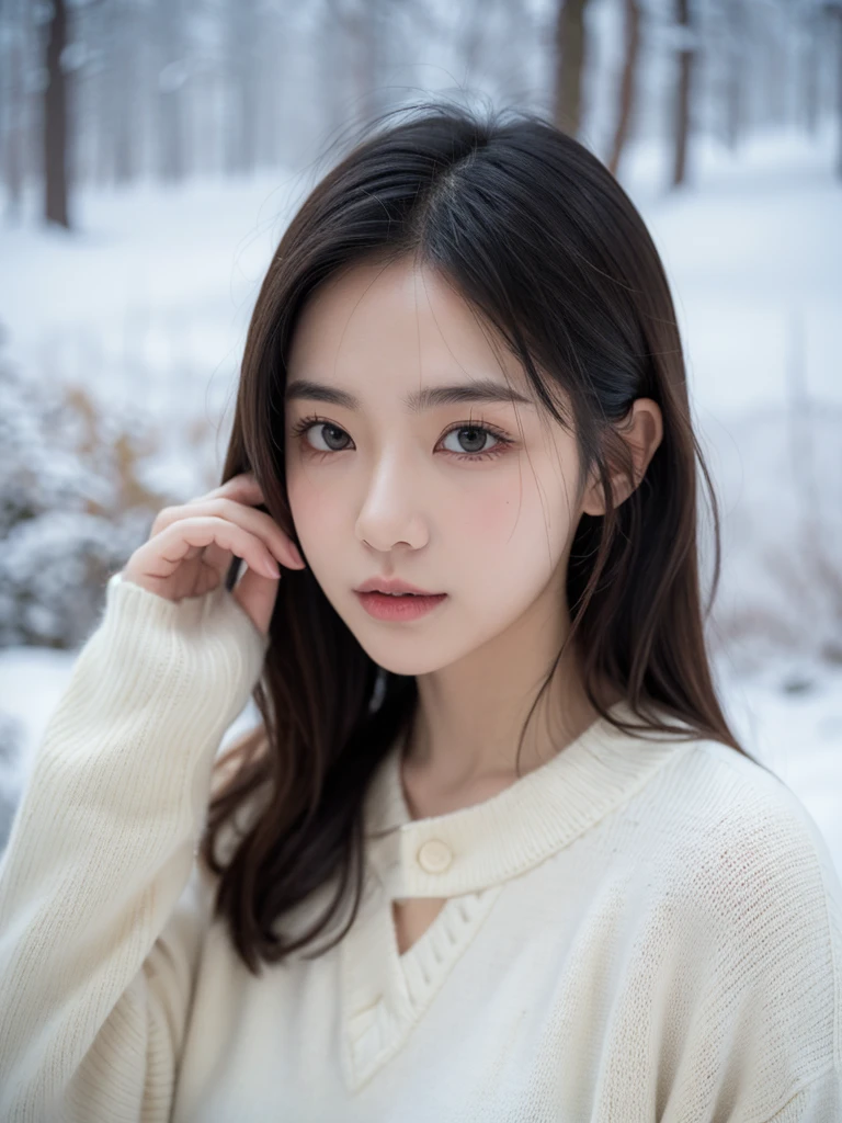in the snowy forest, japanese girl, winter knit sweater, Yuki, pupils shine, brown short hair, big breasts, realistic portrait, depth of field, f/1.8, anatomically correct, rough skin, Super detailed, advanced details, high quality, Super detailed, advanced details, high quality, 最high quality, High resolution