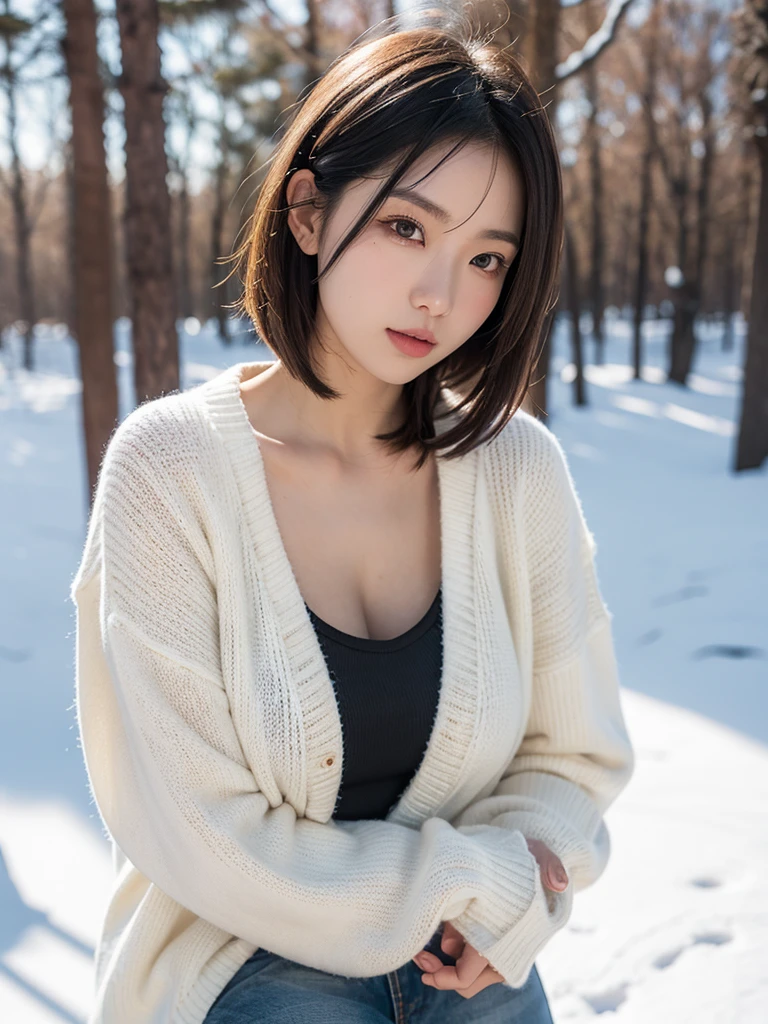 in the snowy forest, japanese girl, winter knit sweater, Yuki, pupils shine, brown short hair, big breasts, realistic portrait, depth of field, f/1.8, anatomically correct, rough skin, Super detailed, advanced details, high quality, Super detailed, advanced details, high quality, 最high quality, High resolution