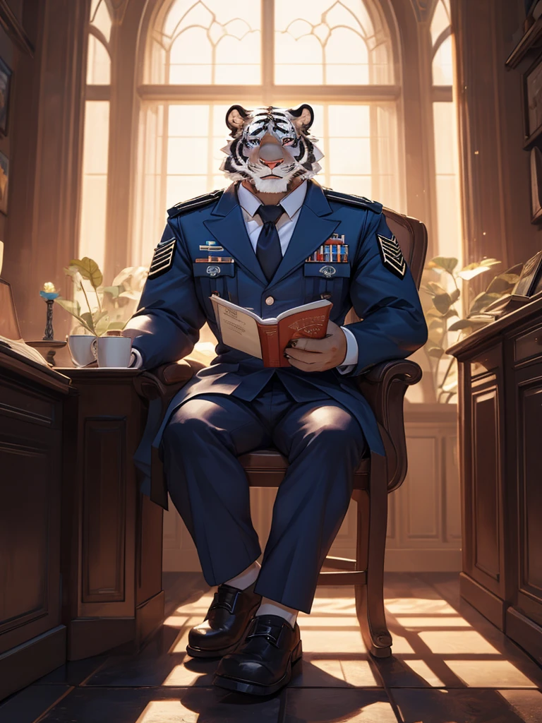 {{bara extremely handsome white tiger,}} {{white fur,}} white, wearing military like purple trench coat purple trousers and white dress shirt and necktie, white fluffy furry body and limbs, loafers, very tall, very broad shoulders, narrow waist, muscular arms, massive pecs, purple eyes, very long legs, sitting on swivel chair with legs spread, reading file, sophisticated smart look, full body, sunlight casting over, 3/4 view, best quality, high quality, silver earring on left ear, dead stare, cold expression