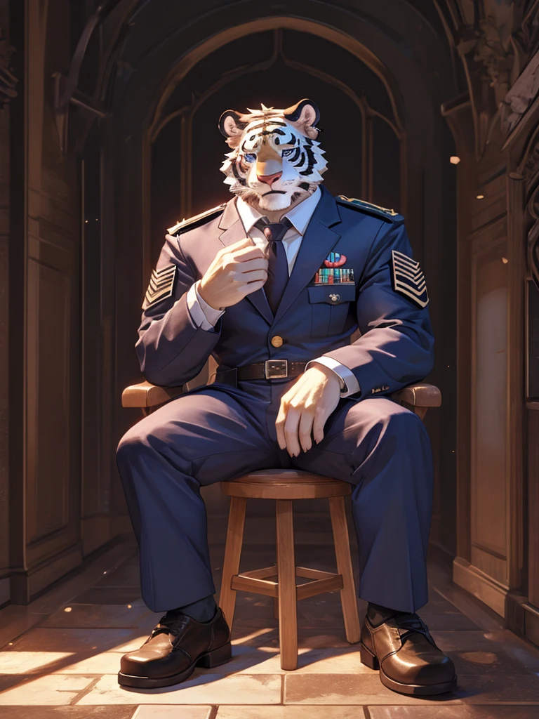 {{bara extremely handsome white tiger,}} {{white fur,}} white, wearing military like purple trench coat purple trousers and white dress shirt and necktie, white fluffy furry body and limbs, loafers, very tall, very broad shoulders, narrow waist, muscular arms, massive pecs, purple eyes, very long legs, sitting on swivel chair with legs spread, reading file, sophisticated smart look, full body, sunlight casting over, 3/4 view, best quality, high quality, silver earring on left ear, dead stare, cold expression