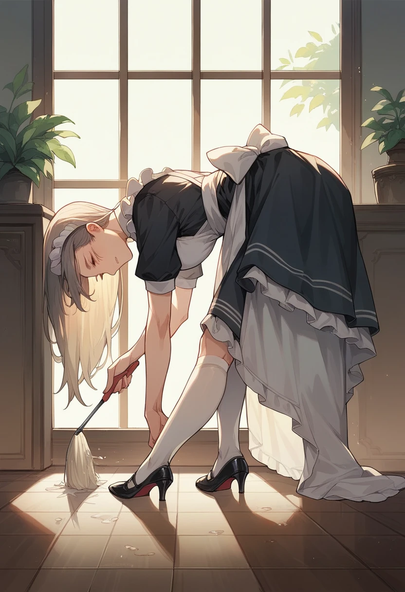 A beautiful maid is cleaning, bending over the floor