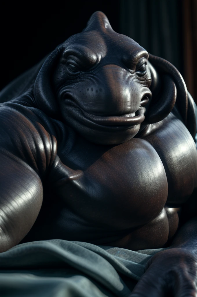 sweat drops, photography, (cool posing:1.1025), smooth skin, ultra realism shading, anthro, sweaty, cobra, snake, photorealistic, fat cock, black scales, gigantic balls, gold underbelly, (made of inflatable latex), pooltoy, suggestive, (rembrandt:1.1025), huge pecs, (sweaty:1.7), biceps, thick penis, precum, hunk, muscle gut, overweight, chubby, nsfw, in a bedroom, massive tail, ((low angle camera)), ((crotch focus))