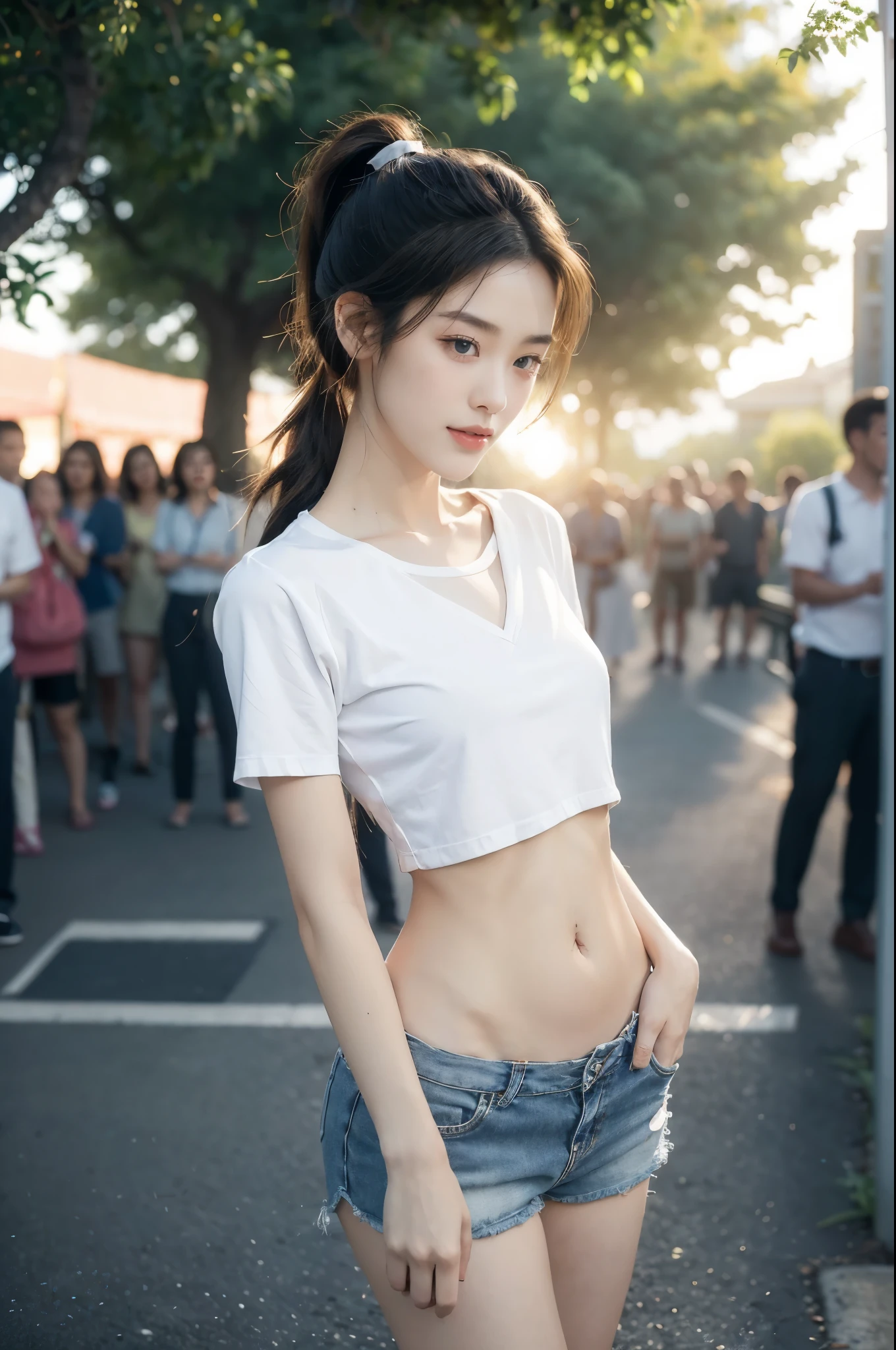 (((best quality))),(((ultra detailed))),(((masterpiece))),illustration,((1 beautiful girl,solo)),((slim,thin)),((small breasts,flat chest)), outside school gate, summer twilight, sunlight,(short ponytail:1.3),((white short-sleeved shirt)),((clavicalis,navel)),((navy blue sports shorts,slender legs)),animated face, excited eyes, sounds of laughter, chatter, excitement of summer vacation, air filled with energy, school gate golden glow, symbol of end of academic year, schoolyard transformed, reunion, farewells, embracing setting sun, face illuminated, moment captured, fleeting instant, essence of summer, carefree spirit, youthful exuberance, embodiment of season, sun dips, rosy glow, joy of living,promise of adventures,((standing,from front,upper body)),(surrounded by crowded crowds:1.3)