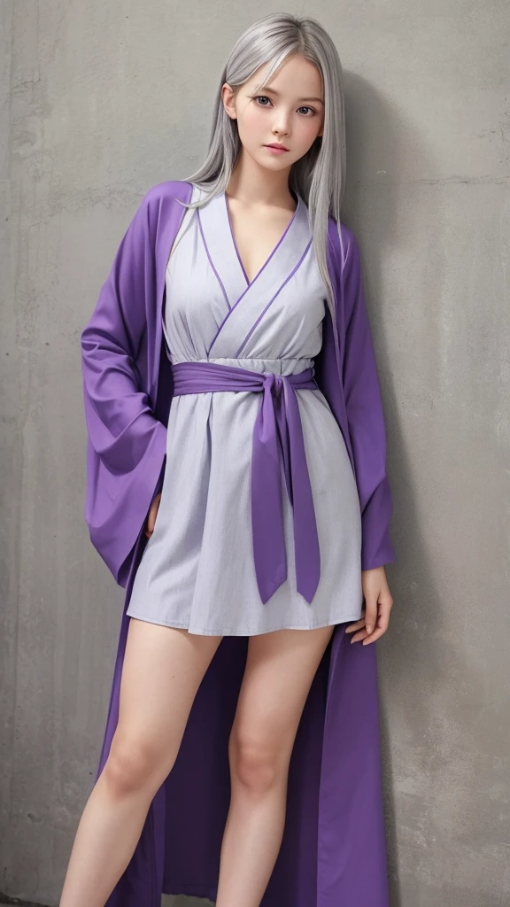 Highest quality、Swedish girls、1people、(hair silver)、(Gray Eyes)Baby Face、My breasts are a little large、Short、(Combining Western-style dress and Japanese kimono)、(Color Purple)Short and sexy、