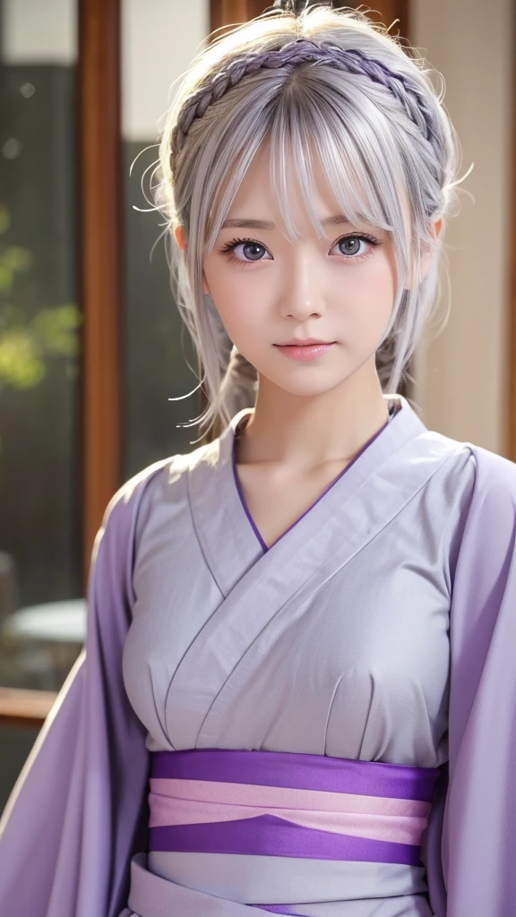 Highest quality、Swedish girls、１people、（hair silver）、（Gray Eyes）、My breasts are a little large、Short、（Combining Western-style dress and Japanese kimono）、（Color Purple）Short and sexy、