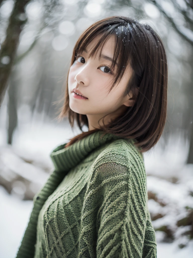 in the snowy forest, japanese girl, winter knit sweater, Yuki, pupils shine, brown short hair, big breasts, realistic portrait, depth of field, f/1.8, anatomically correct, rough skin, Super detailed, advanced details, high quality, Super detailed, advanced details, high quality, 最high quality, High resolution