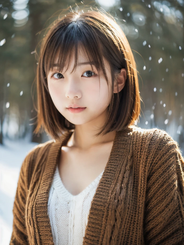 in the snowy forest, japanese girl, winter knit sweater, Yuki, pupils shine, brown short hair, big breasts, realistic portrait, depth of field, f/1.8, anatomically correct, rough skin, Super detailed, advanced details, high quality, Super detailed, advanced details, high quality, 最high quality, High resolution