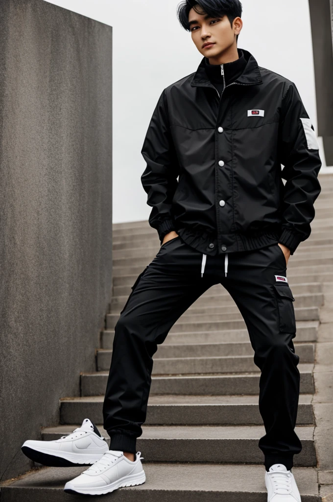 A guy with black and white jaket and a black pants with a black hair