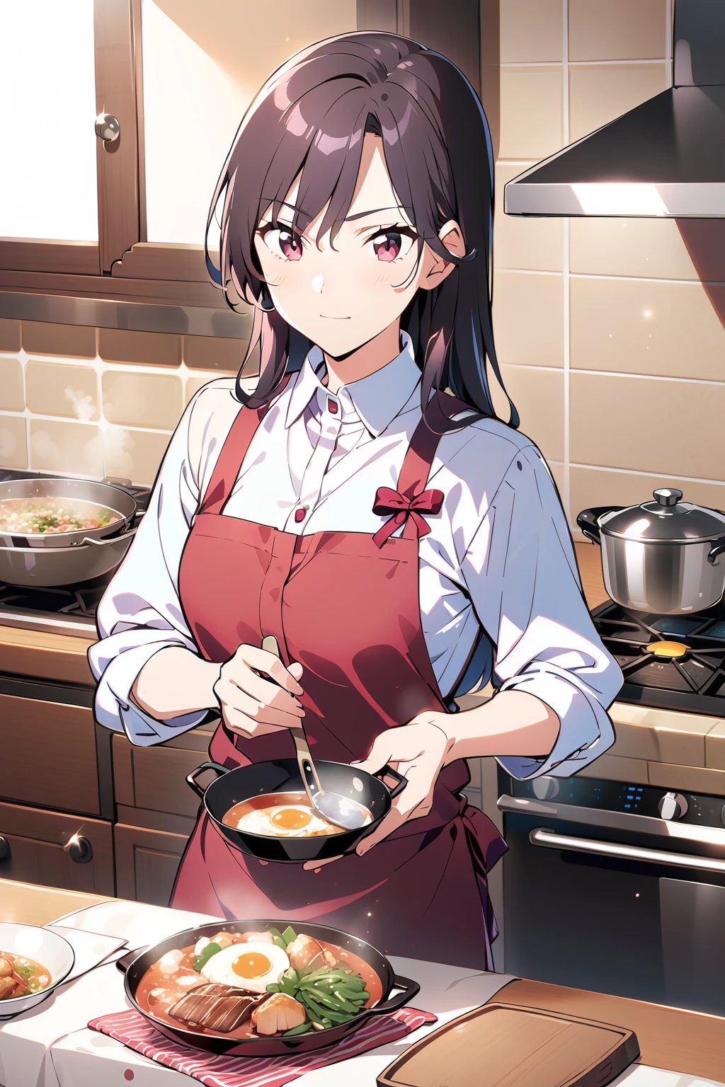 (Ultra-detailed illustrations:1.2),anime character in kitchen prepaAlsog food with a skillet and pan, Cooking, tanjiro kamado, Also, honest, Official Art, honest shinka, Mai Yoneyama, Shirabii, Eat and drink, Nishimiya Shoko, Anime Moe Art Style, Cook, Official character art, rei hiroe, Cooking it up, honest kano