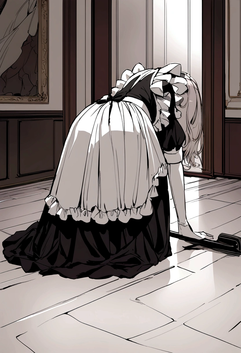 A beautiful maid is cleaning, bending over the floor