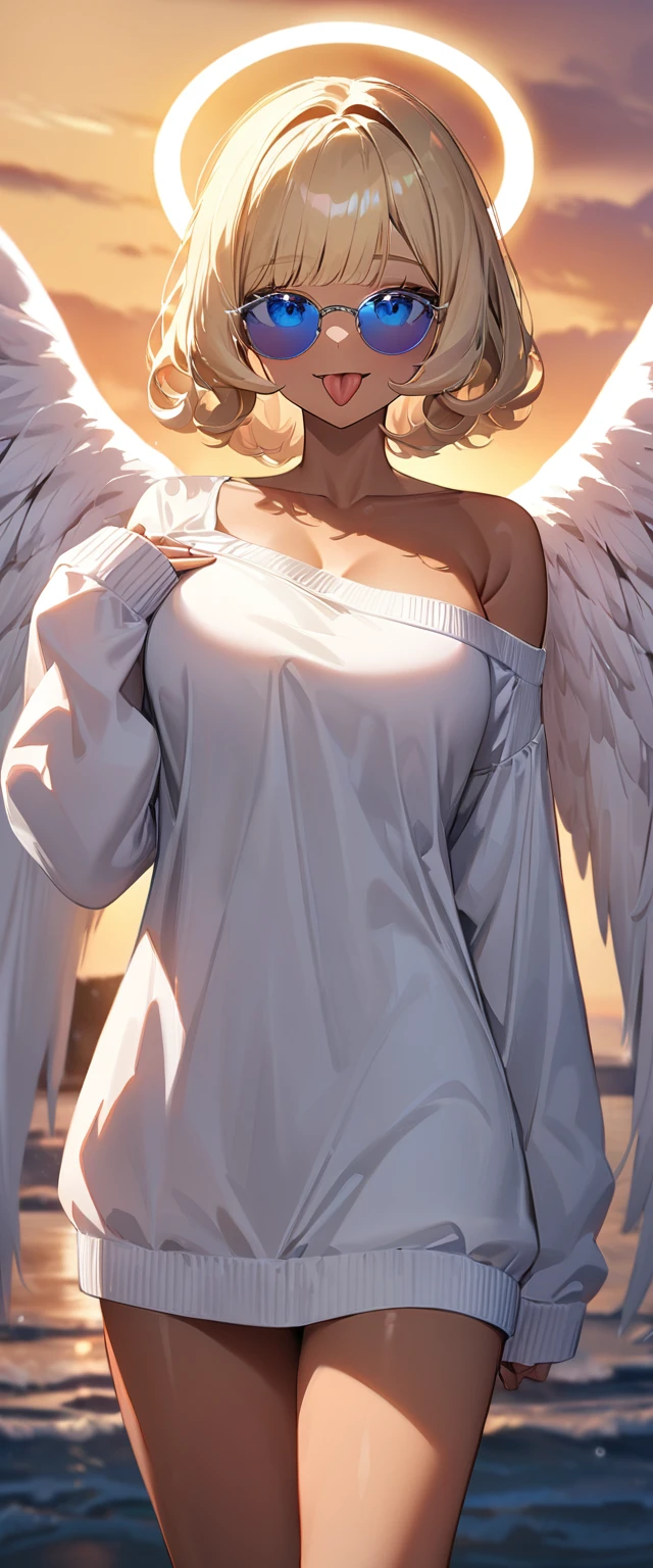 (((One girl))), (((cowboy shot))), ((tanned skin:1.3)), ((sunglasses, hand to sunglasses)), ((angel, big big white wings:1.2, halo:1.3)), open mouth, ((stick out tongue)), ((wavy hair, outward curled hair)), evening, Sunset, sea, beach, ((blond hair, bob cut:1.3)), big breasts, ager, (looking at viewer), oversized clothes, puffy long sleeves, collarbone, ((off-shoulder sweater dress:1.3, Quite thick shoulder straps)), (((sleeves past wrists:1.3))), ((white sweater)), collarbone, head tilt:1.3, (((blue eye))), ((happy smile)), (((anime style))), (best quality, 4K, 8K, highres, masterpiece:1.2, ultra-detailed, ultra-detailed eyes, HDR, uhd, studio lighting, ultra-fine painting, sharp focus, physically-based rendering, extreme detail description, professional, vivid colors, bokeh), ((Highest quality, Best image quality, Ultra-high resolution, Ultra-high resolution, solo, Strong eye highlights)), Depth of written boundary, Natural soft light, attractive, Beautiful Face, Cleanliness, Pure Face, medium chest, Beautiful Face, Perfect Fingers, Perfect hands, Perfect body, Perfect Face, Shine a light into your eyes, Perfect Anatomy