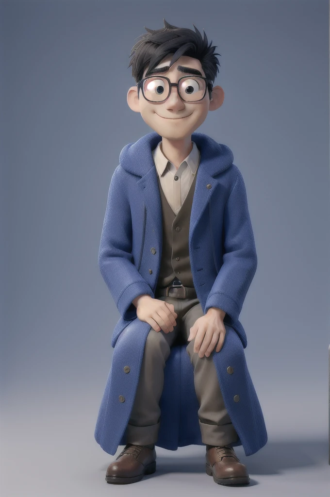 Japanese man sitting in blue coat without glasses