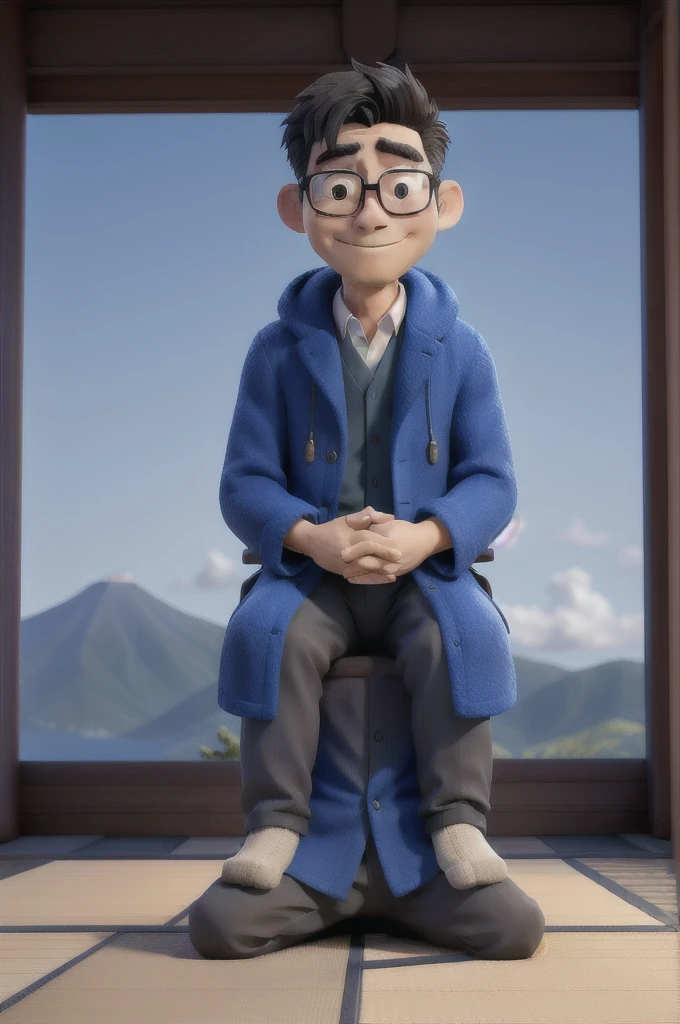 Japanese man sitting in blue coat without glasses