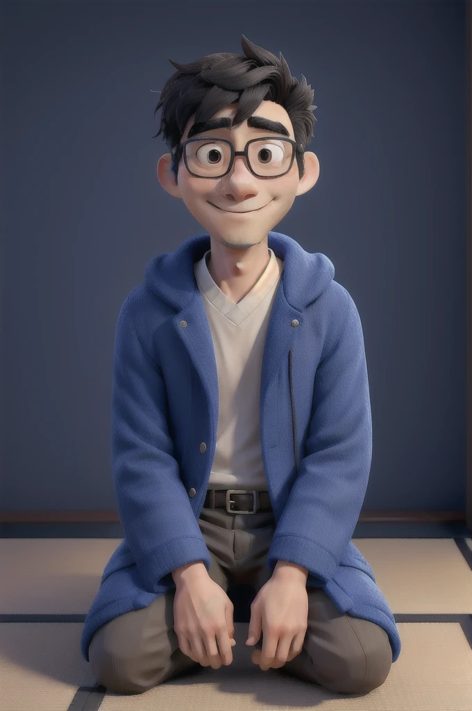 Japanese man sitting in blue coat without glasses