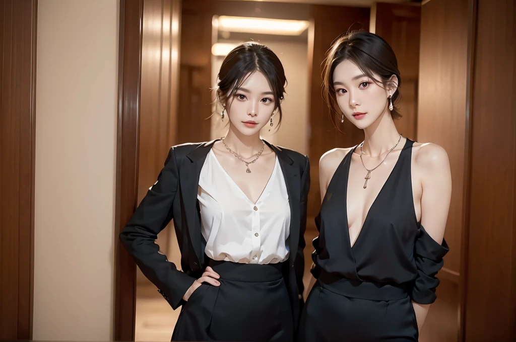 necklace, ring, watch, Earrings, (funeral:1.3), skirt, Black formal suit, whole body, slender, 40 year old Japanese, woman, Beautiful face, Are thin, Highest quality, Ultra-high resolution, (realism: 1.4), Depth of written boundary, Beautiful Face, (Purelos Face_v1: 0.8), Two people, Natural Makeup,