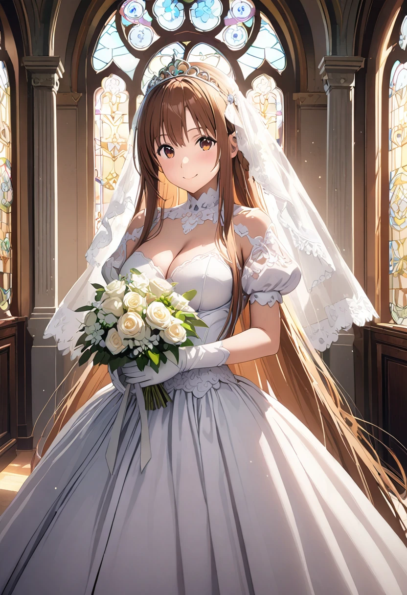 Highest quality、Super detailed、High resolution illustrations、Ultra-high-definition CG、8k size wallpaper、Production Art、Light novel illustrations、(1People Girls)、asuna yuuki, long hair, bangs, brown hair, brown eyes, very long hair, braid、A smile full of happiness、 sleeves、Wedding Veil、tiara、Cleaouts、Wedding dress、White Dress、White Gloves、Long skirt、White stiletto heels、Holding a bouquet in both hands、photorealistic