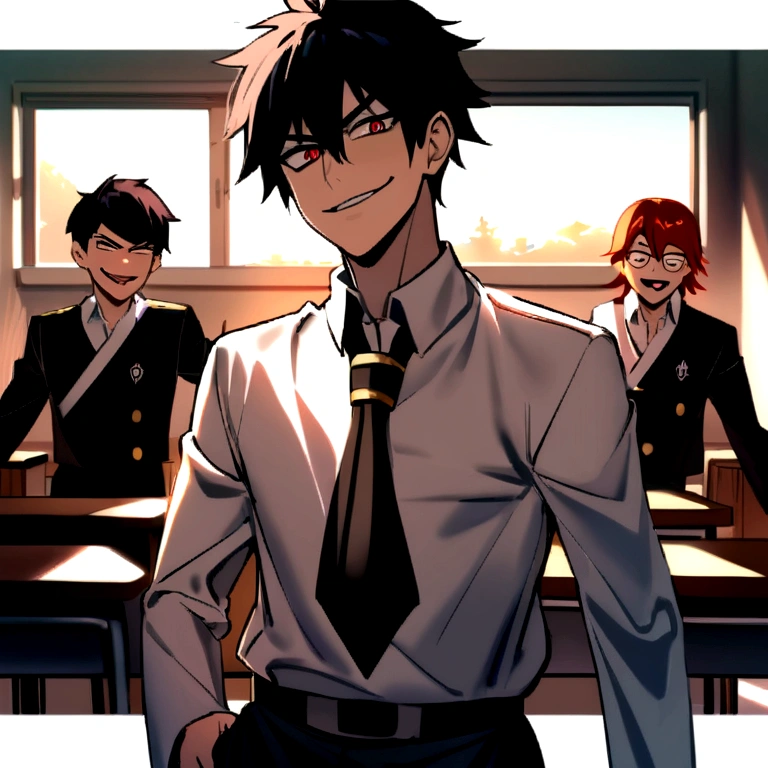 boys, a rogue group, reckless young boys, bullies, dressing white scholar uniforms, at school settings, the leader boy smirking in center, classroom background.
