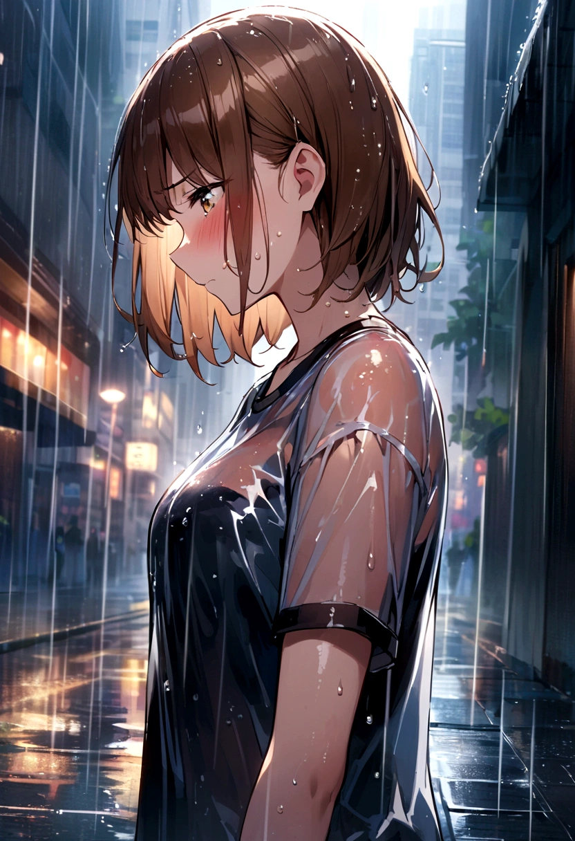 woman、Blushing、Brown Hair、Profile of a person crying while looking down、Wet with rain、Rainy outdoors、bleak cityscape background、See-through T-shirt、