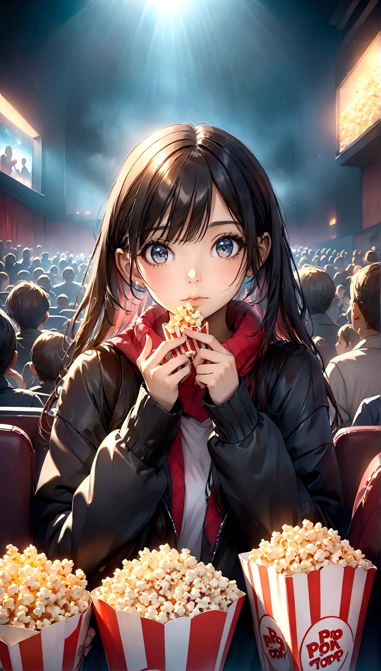 8K portrait of a beautiful young woman in a J-POP style, hesitating whether to buy popcorn at the movie theater, extremely detailed, high quality, ultra-high resolution, photorealistic, masterpiece, cinematic composition, trending on ArtStation