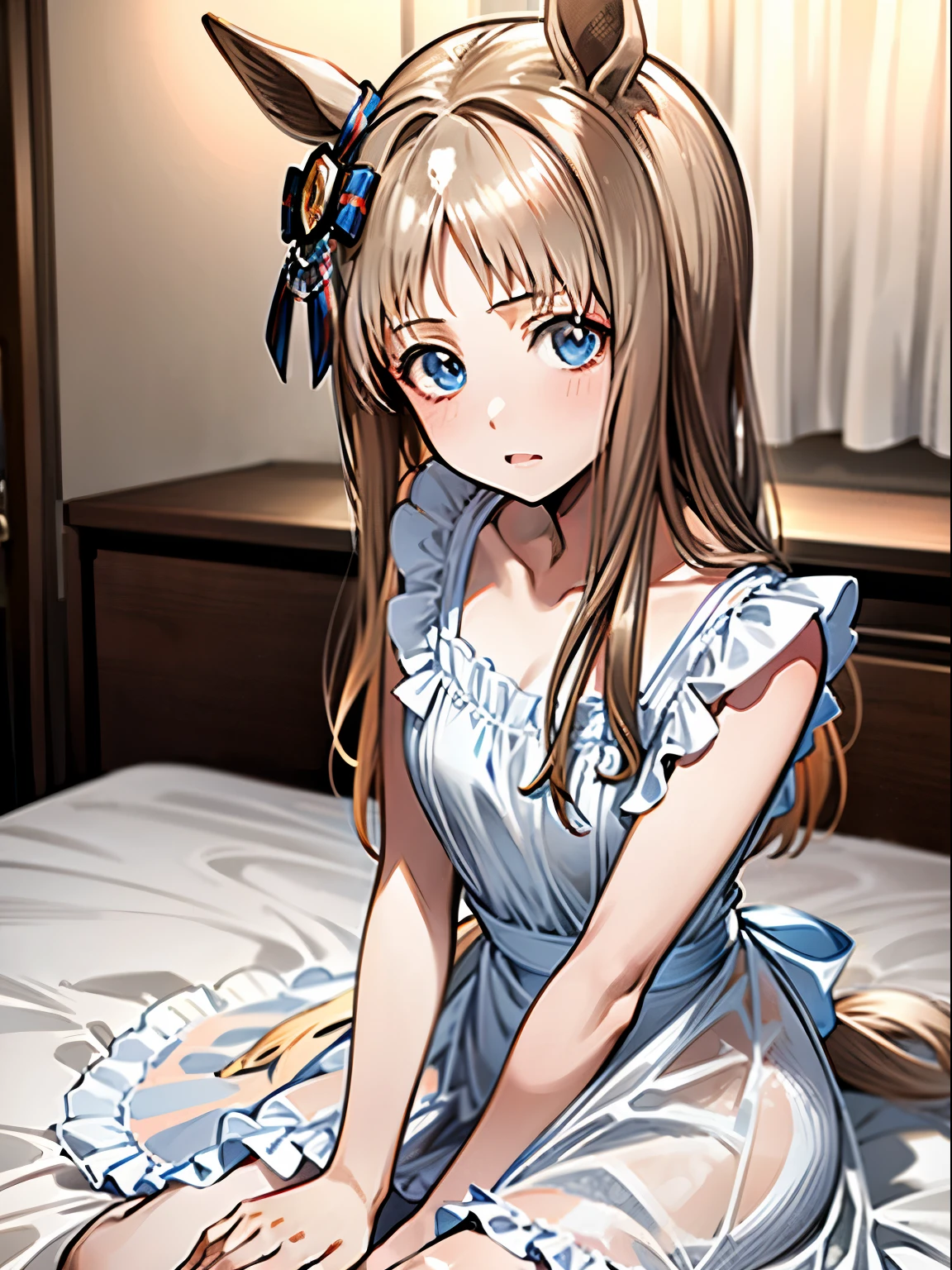 grass wonder \(umamusume\), 1 girl, Solo, Cute Girl,Best Quality, Ultra-detailed, 8K, High resolution, detailed face, sitting on the bed, (((wariza))), (((negligee))),