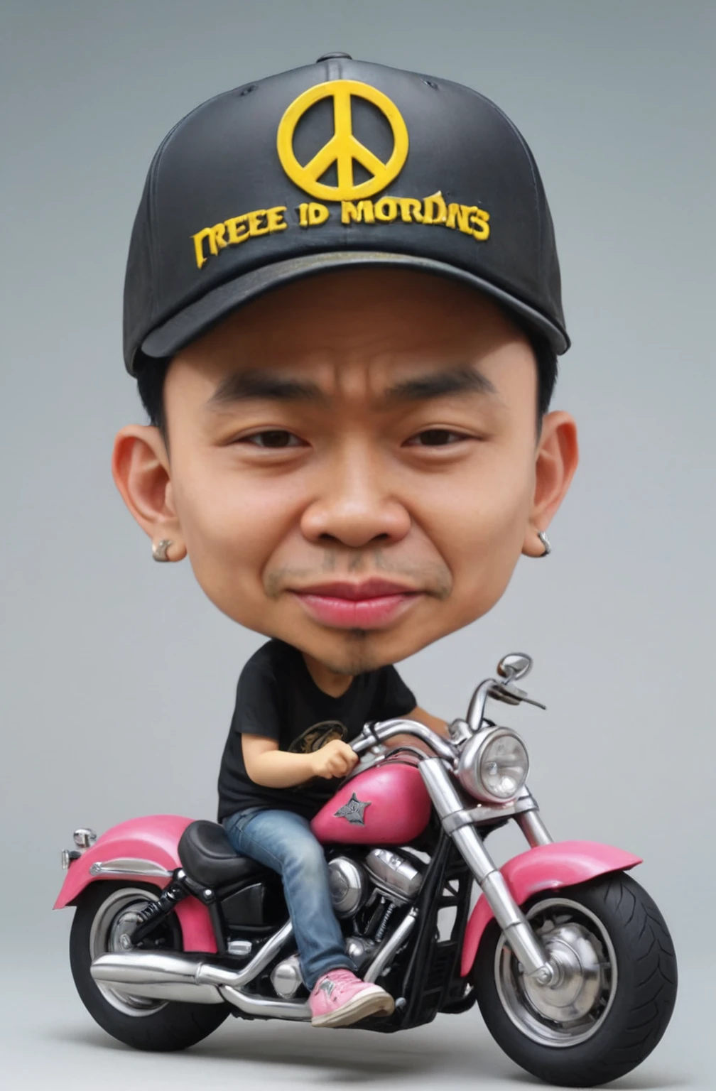 3D CARTOON caricature full body with a big head, light skin, style of johnson tsang  hyper-realistic, very detailed, detailed face, a man with a hat on making a face with his tongue out and a hand on his hip with a peace sign, wendi cagur, sumatraism, phuoc quan, sITTING in front of a Harley Davidson motorbike, wearing a yellow hat, wearing a black t-shirt that says "PREDIKSI", wearing black jeans, cute pink shoes
