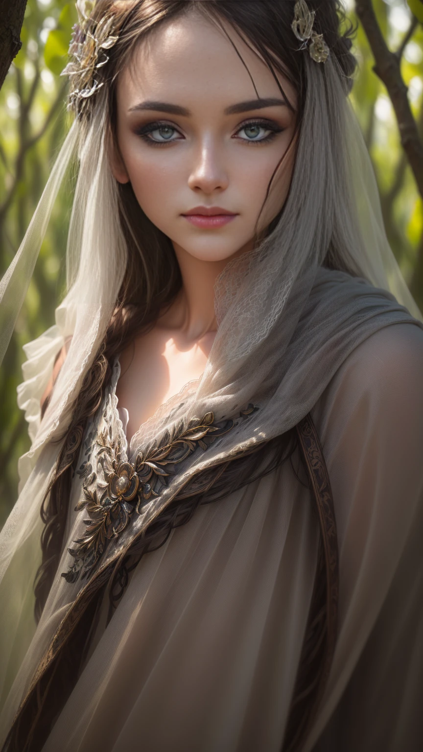 RAW photo, photography, photorealistic, 8k vibrant photograph of woman in nature, ultra detail, finely detailed, dramatic light, finely detailed beautiful eyes, detailed skin, depth of field, grey eyes