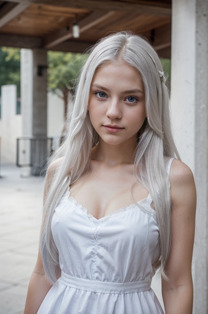 candid photo of a 19 yo girl, long white hair, gray blue eyes, beautiful, wearing a white dress, 8k ultra hd 