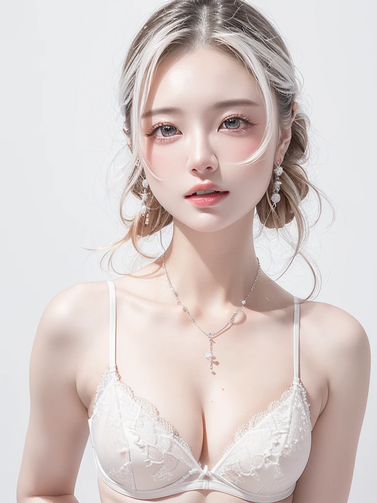 White Background、Professional Lighting、(((Professional Lighting 1.5)))、Translucent skin texture、Beautiful Skin、Beautiful Skin、、(((Whitening 1.5)))、White Bra、See-through、、Ecstasy of Musical Notes、((White Bra1.5))、See-through1.5、Bust up photo、Simple earrings and necklace、Fluttering Hair、