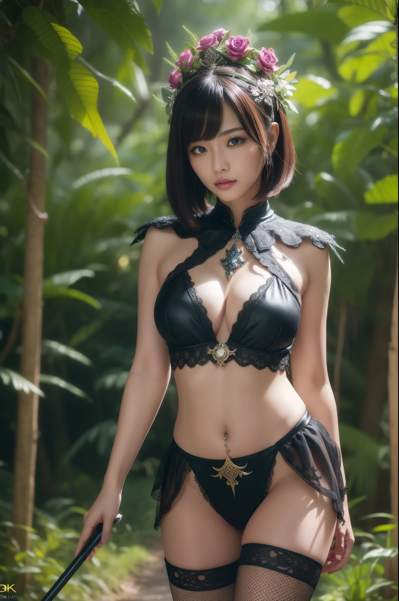 a sexy Thai model with colorful short hair, shiny sparkling dark magic forest background, sparkling poisoned enchanted flower costume, fishnet tights, skull hair accessories, controls poison, secret poison, (best quality,4k,8k,highres,masterpiece:1.2),ultra-detailed,(realistic,photorealistic,photo-realistic:1.37),vibrant colors,dramatic lighting,cinematic,hyper detailed,intricate details,fantasy art,digital painting