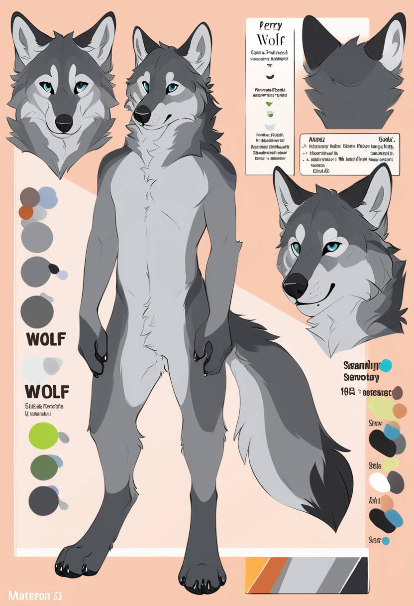 Solo, male, furry art, grey wolf, fursona, (((grey primary fur))), white secondary, (perky ears), reference sheet, amazing simple art, masterfully executed, beautiful background, normal body, paws hands.