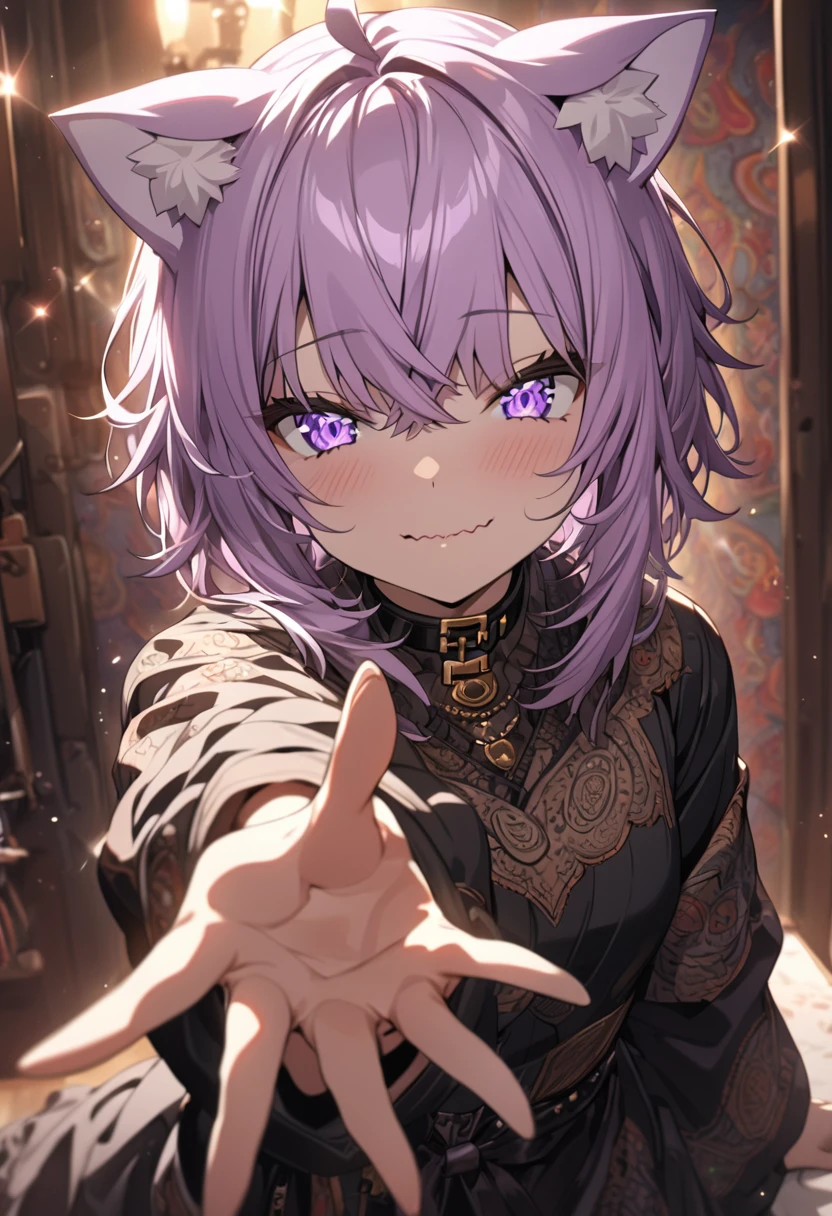 ((Nekomata okayu)), ((Masterpiece)), ((best quality)), (Anime:1.3), (super detail:1.2),(High Definition:1.3), (Professional Photography:1.2), cinematic lighting, (sharp focus), (perfect light), ((1girl)), (wavy mouth:1.3), messy short hair, put on cat ears, (hand Reach out to the front), (Seductive face), Paisley Pattern Wallpaper, Intricately Drawn Paisley Pattern, Colorful, Craftsmanship, Looking at the Viewer, naughty smile, Diamond Sparkle, Colorful Decoration, Grains of Light Dancing, Detailed Gothic Style (Maximalism), Diffused Lighting, (Depth of Field), Gothic Lolita, diffuse reflection of light,