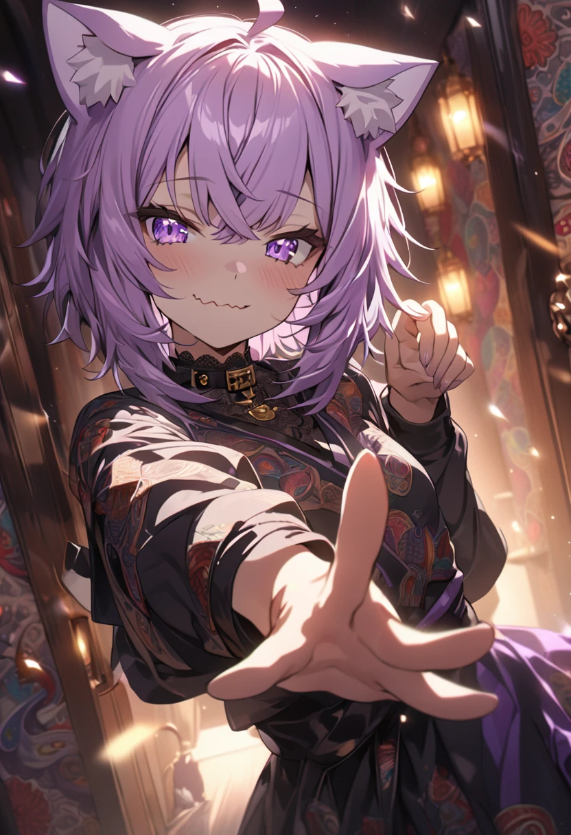 ((Nekomata okayu)), ((Masterpiece)), ((best quality)), (Anime:1.3), (super detail:1.2),(High Definition:1.3), (Professional Photography:1.2), cinematic lighting, (sharp focus), (perfect light), ((1girl)), (wavy mouth:1.3), messy short hair, put on cat ears, (hand Reach out to the front), (Seductive face), Paisley Pattern Wallpaper, Intricately Drawn Paisley Pattern, Colorful, Craftsmanship, Looking at the Viewer, naughty smile, Diamond Sparkle, Colorful Decoration, Grains of Light Dancing, Detailed Gothic Style (Maximalism), Diffused Lighting, (Depth of Field), Gothic Lolita, diffuse reflection of light,