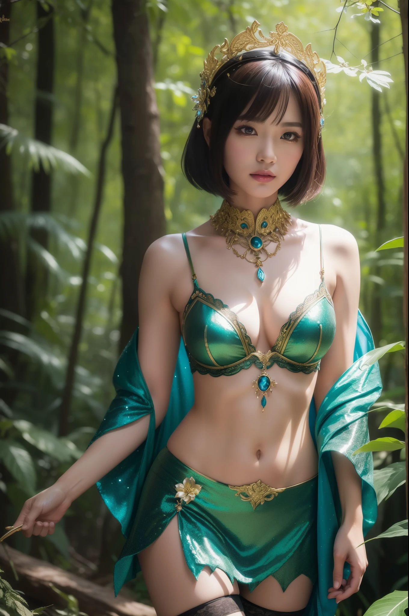 a sexy Thai model with colorful short hair, shiny sparkling dark magic forest background, sparkling poisoned enchanted flower costume, fishnet tights, skull hair accessories, controls poison, secret poison, (best quality,4k,8k,highres,masterpiece:1.2),ultra-detailed,(realistic,photorealistic,photo-realistic:1.37),vibrant colors,dramatic lighting,cinematic,hyper detailed,intricate details,fantasy art,digital painting