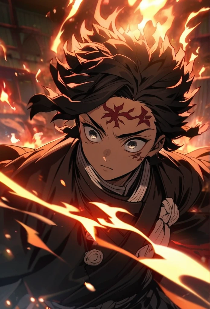 Symetrical,absurdres, highres, ultra detailed, HDR, masterpiece, extremely detailed face and eyes, Tanjiro Kamado, Kimetsu no yaiba,,black hair , , solo, man, handsome,Mark on forehead ,, , Epic fight scene,fire red lightning effect, glowing glitters, , flames effect, flaming aura effect,black eyes, flaming splashing, surrounded by flames energy